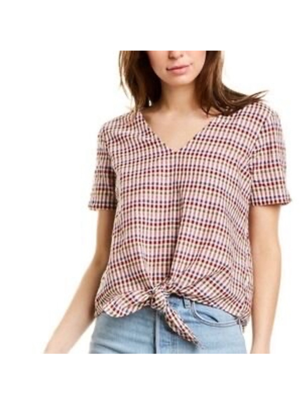 Women's Madewell XS Short Sleeve Tie-Front Top in Red and White Gingham